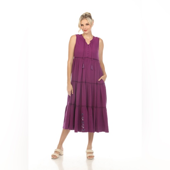 🆕 Johnny Was Calme Gauze Tiered Midi Dress w/ Shirring Boho Chic Purple • SMALL - Picture 3 of 8